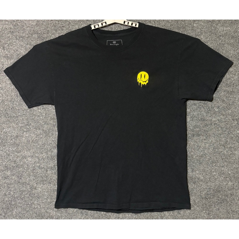 Red Eight Mens Large T-Shirt Black Embroidered‎ Melting Smiley Face Graphic